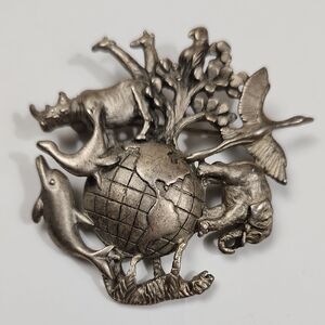 Vintage AJC Pewter Animals of the World Around the Globe Brooch Pin